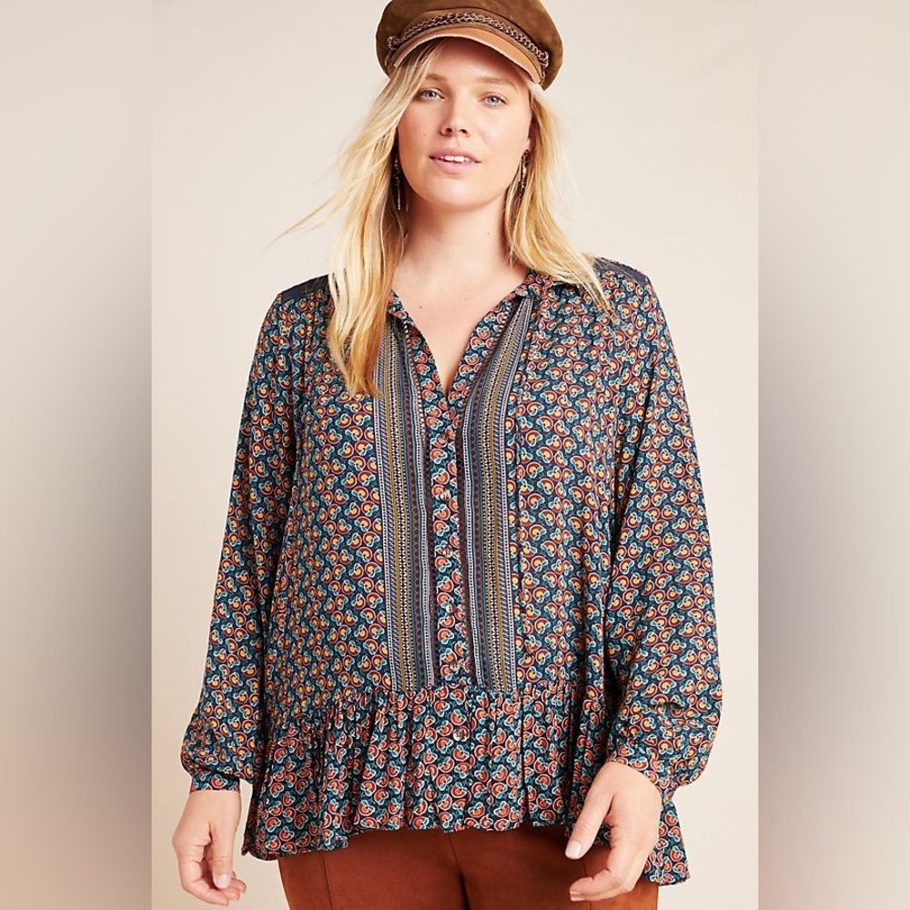 Anthropologie Maeve Janie Flounced Peasant Blouse Size 8 Long Sleeves